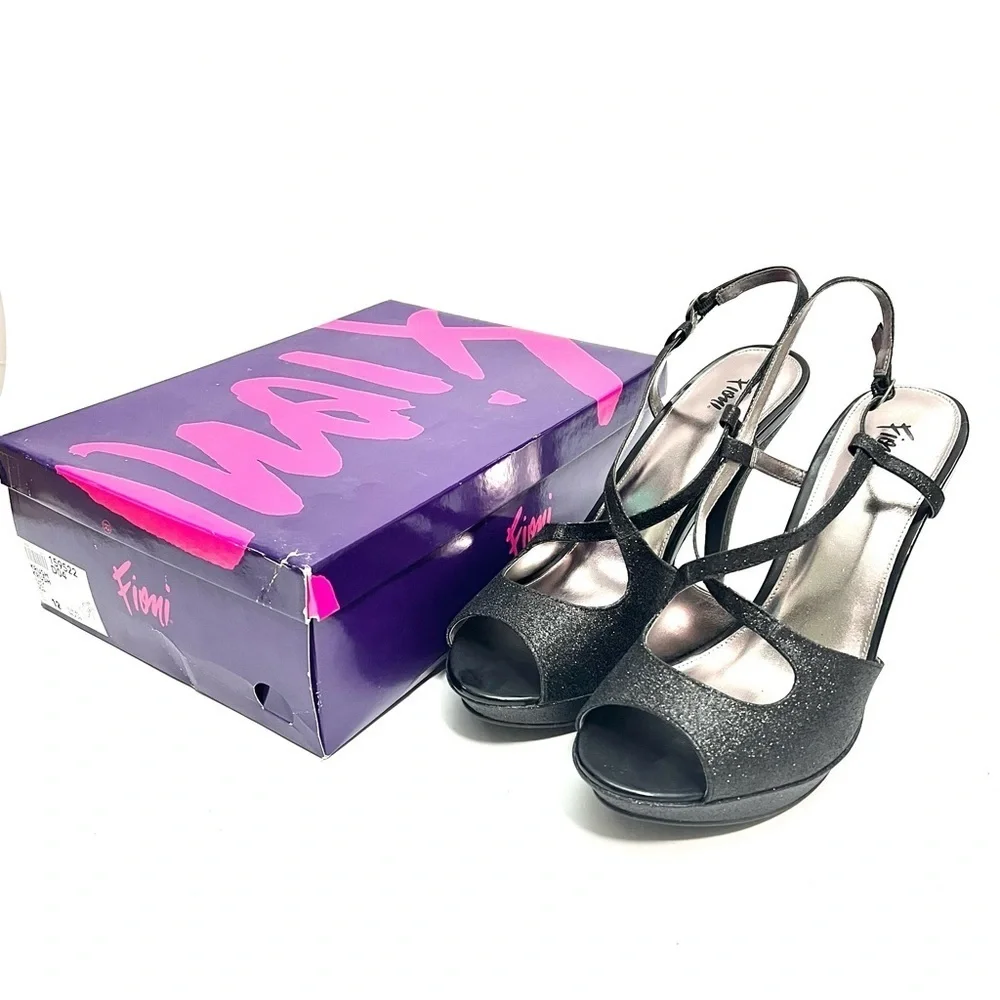Vintage Y2K deadstock black glitter vegan leather strappy platform formal heels